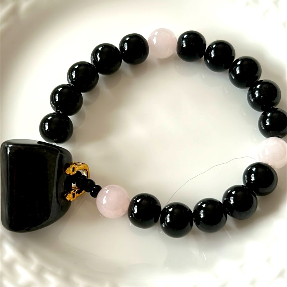 Black Onyx Purse Bracelet with Rose Quartz Authentic Beads